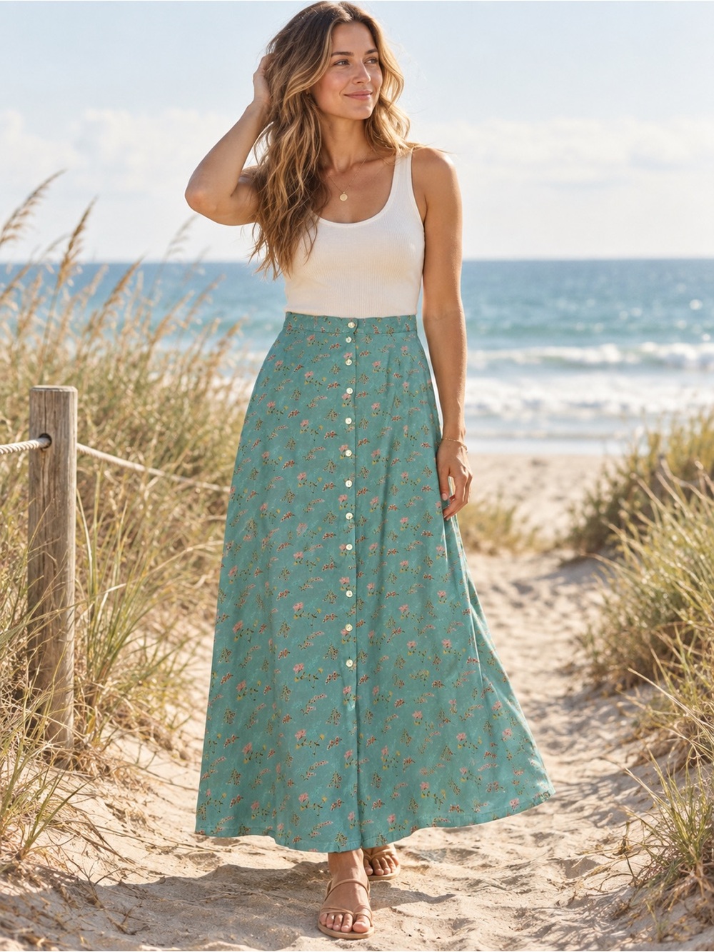 Vintage GAP 90s Teal Ditsy Floral Button Front Maxi Skirt Size 6 Cottagecore